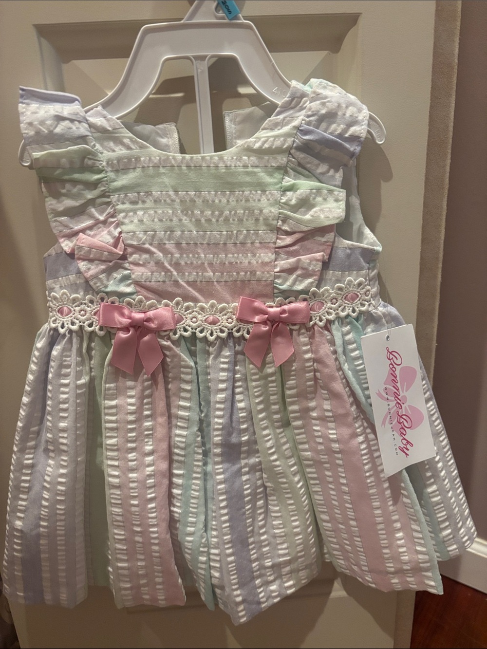 Bonnie Baby Pastel Stripe Dress with Pink Bows